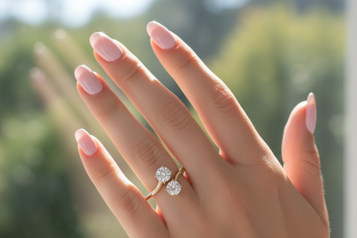 Ring close-up with pink nails and sunlight