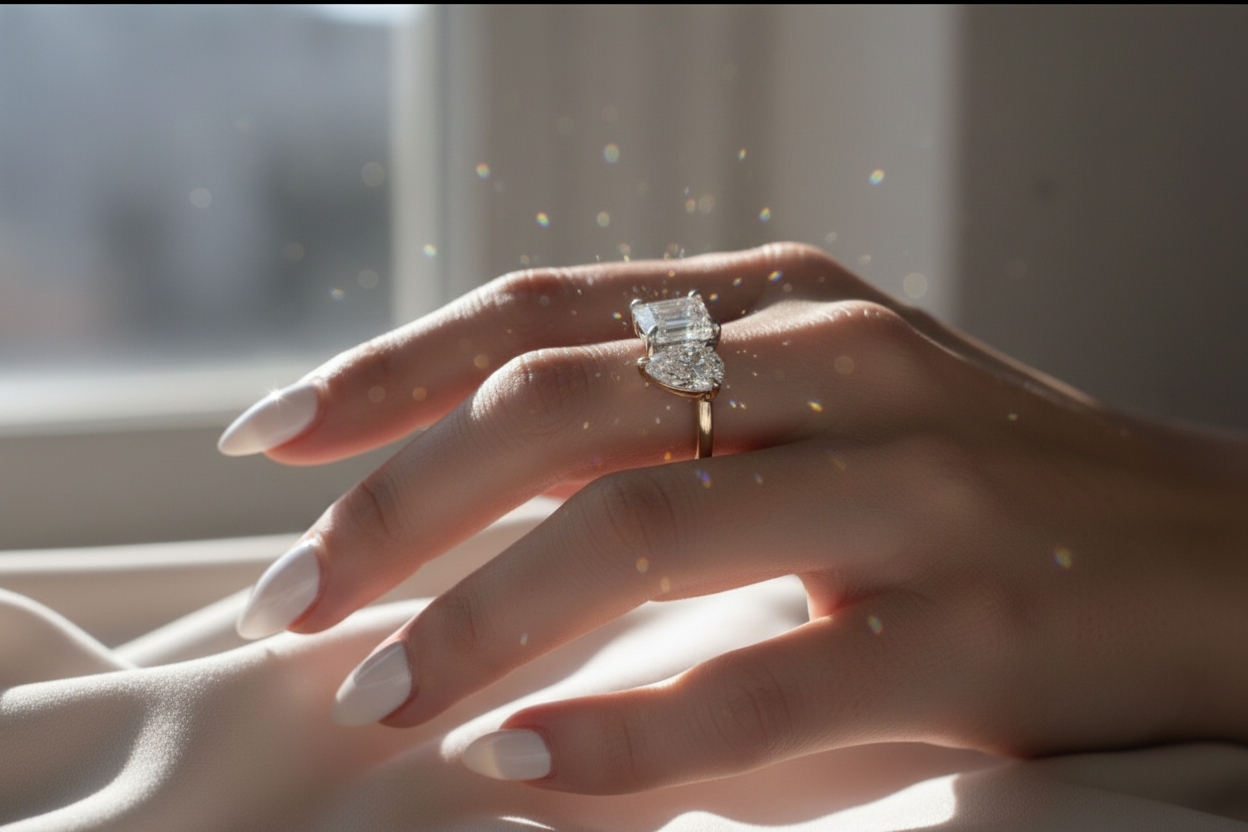 Ring close-up with white nails and sunlight