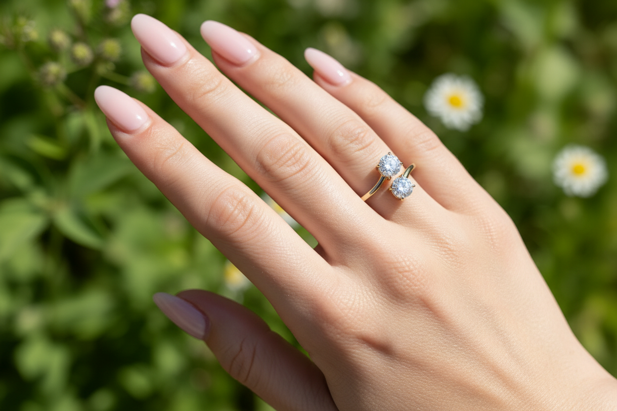Ring on hand with pink nails outdoors