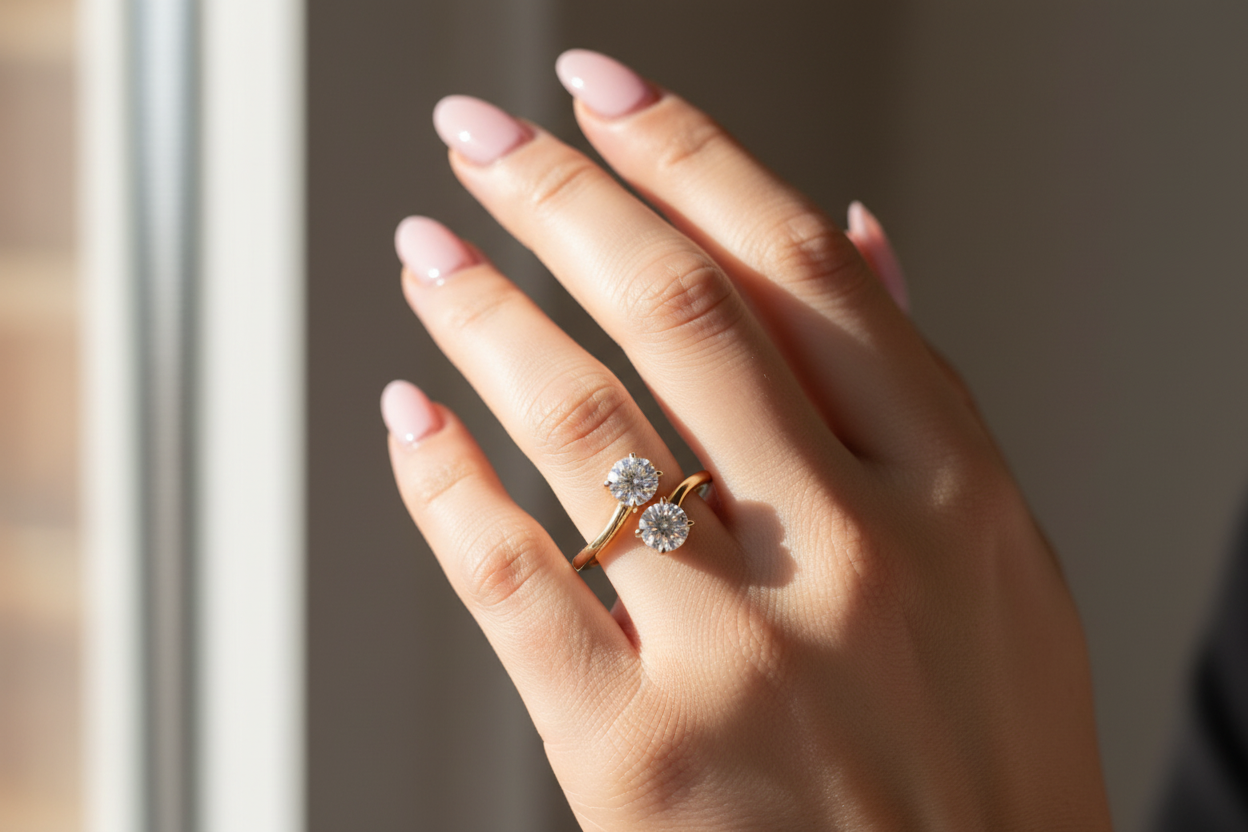 Ring on hand with soft pink nails