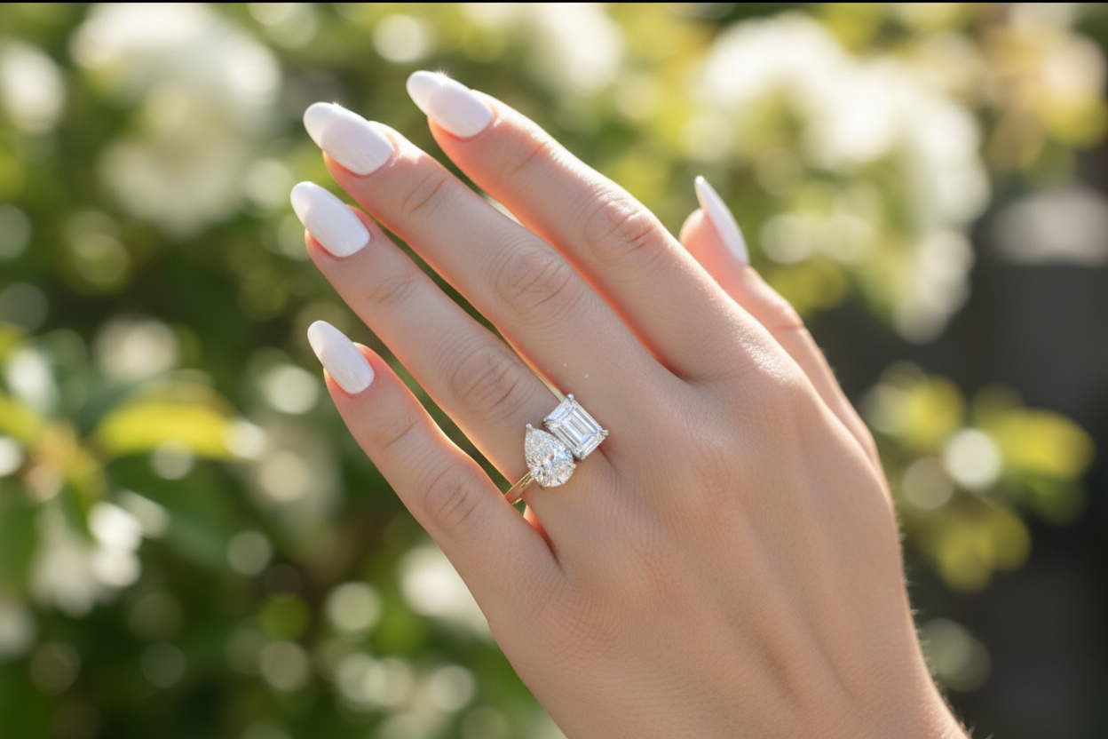 Ring on hand with white nails outdoors