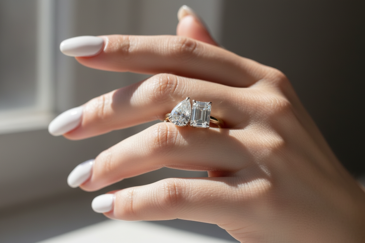 Ring on index finger with long white nails