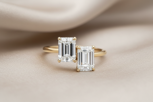 Ring with clear hall of mirrors emerald cuts on champagne background