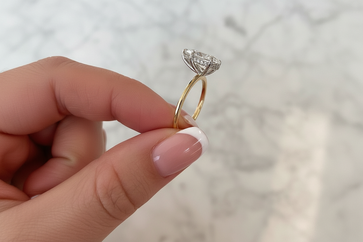 Ring with French tip nails