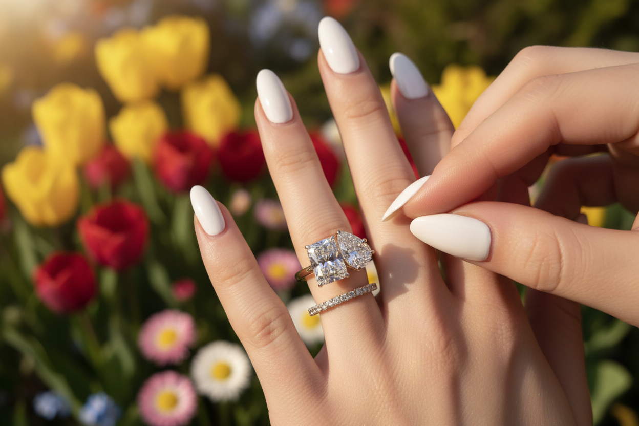 Ring with spring flowers background