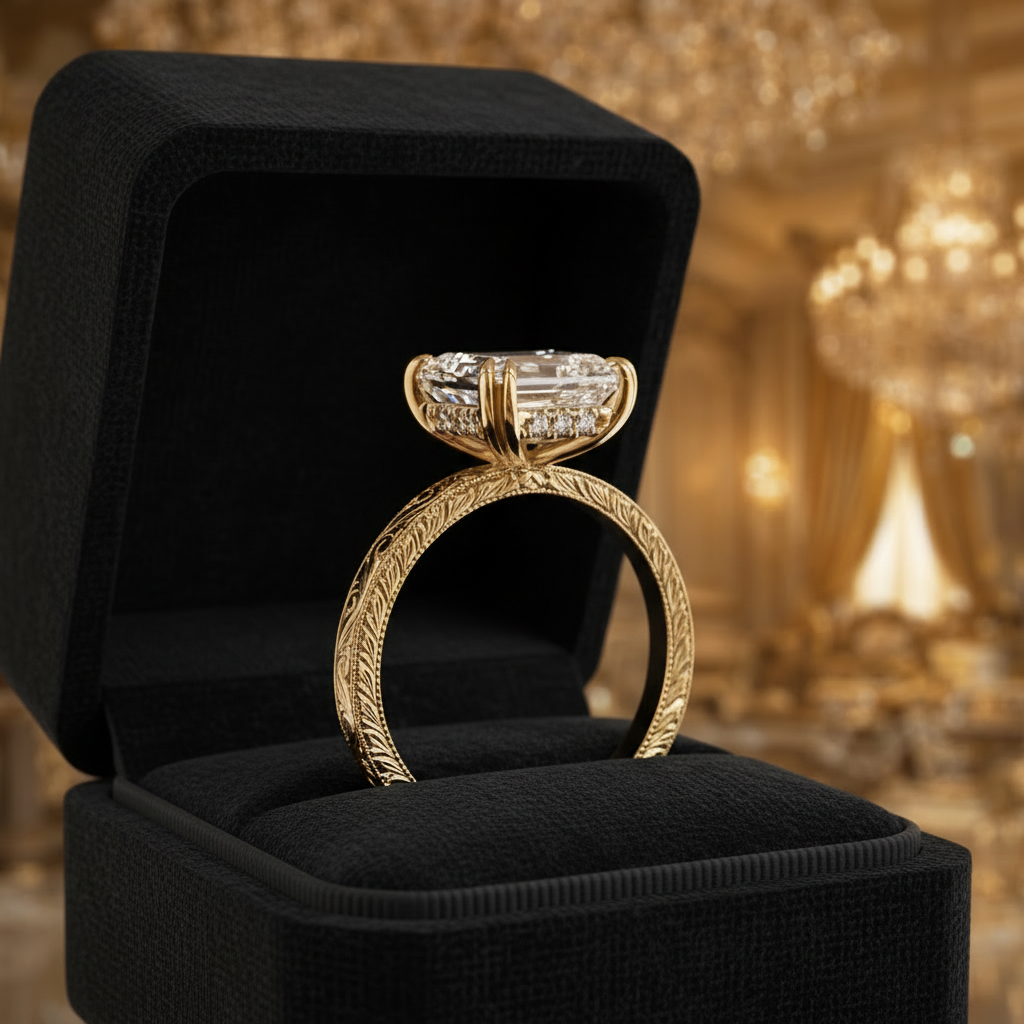 Side profile of engraved engagement ring