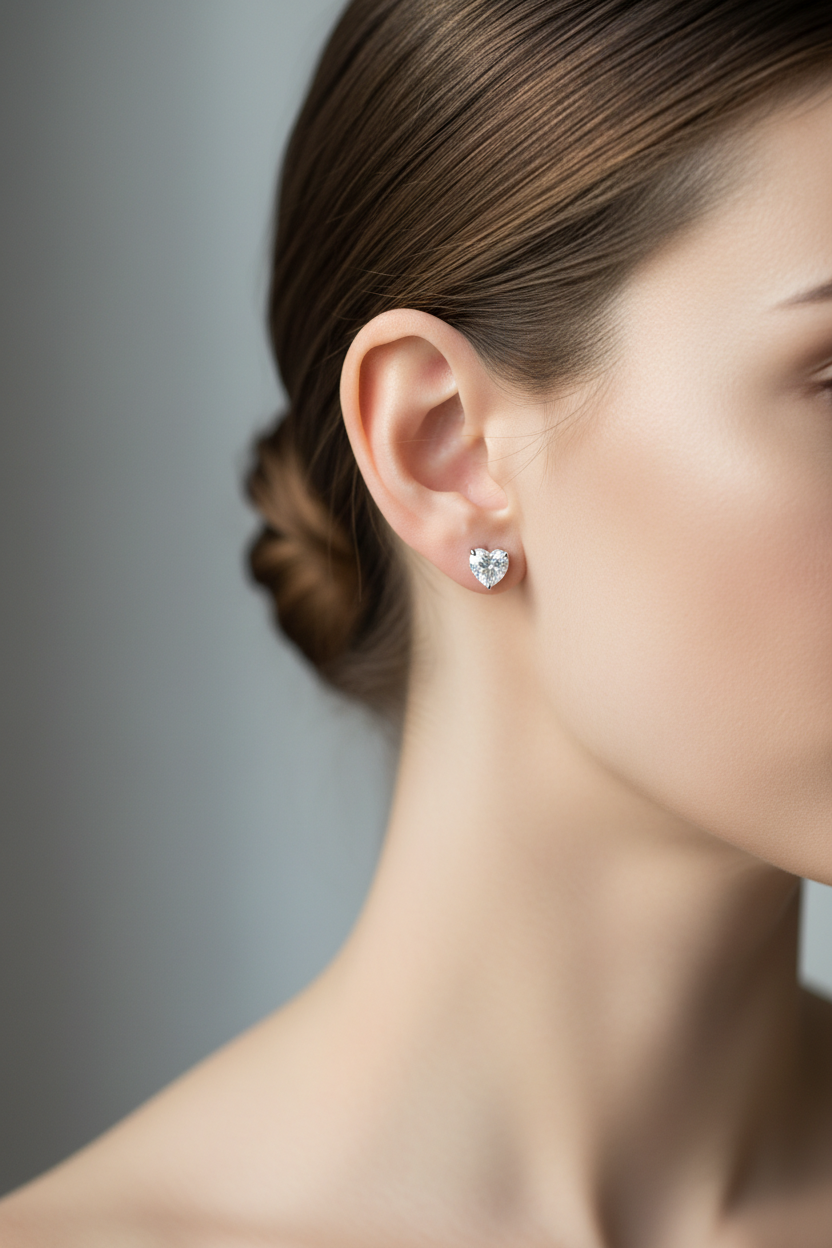 Small delicate heart studs on model - side profile