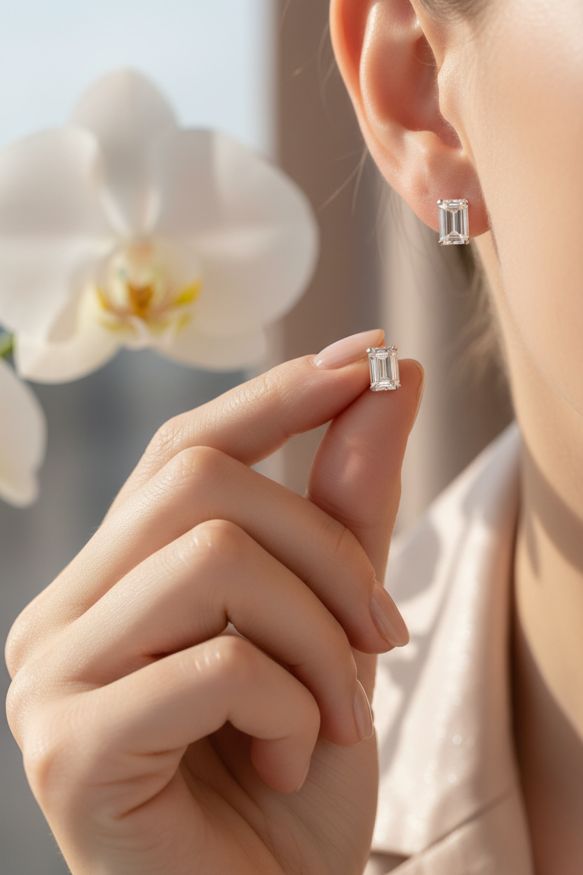 Small emerald-cut diamond earrings