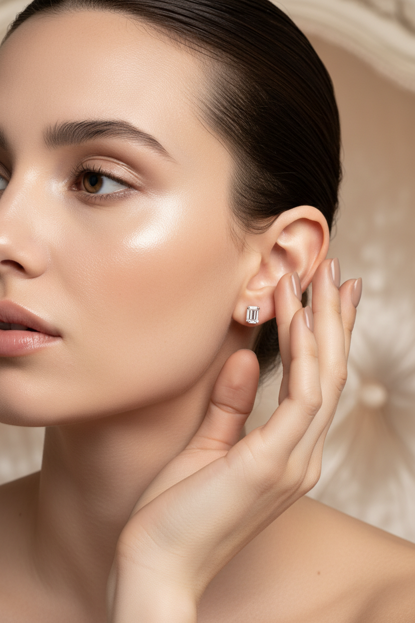 Small emerald-cut earring on model 2