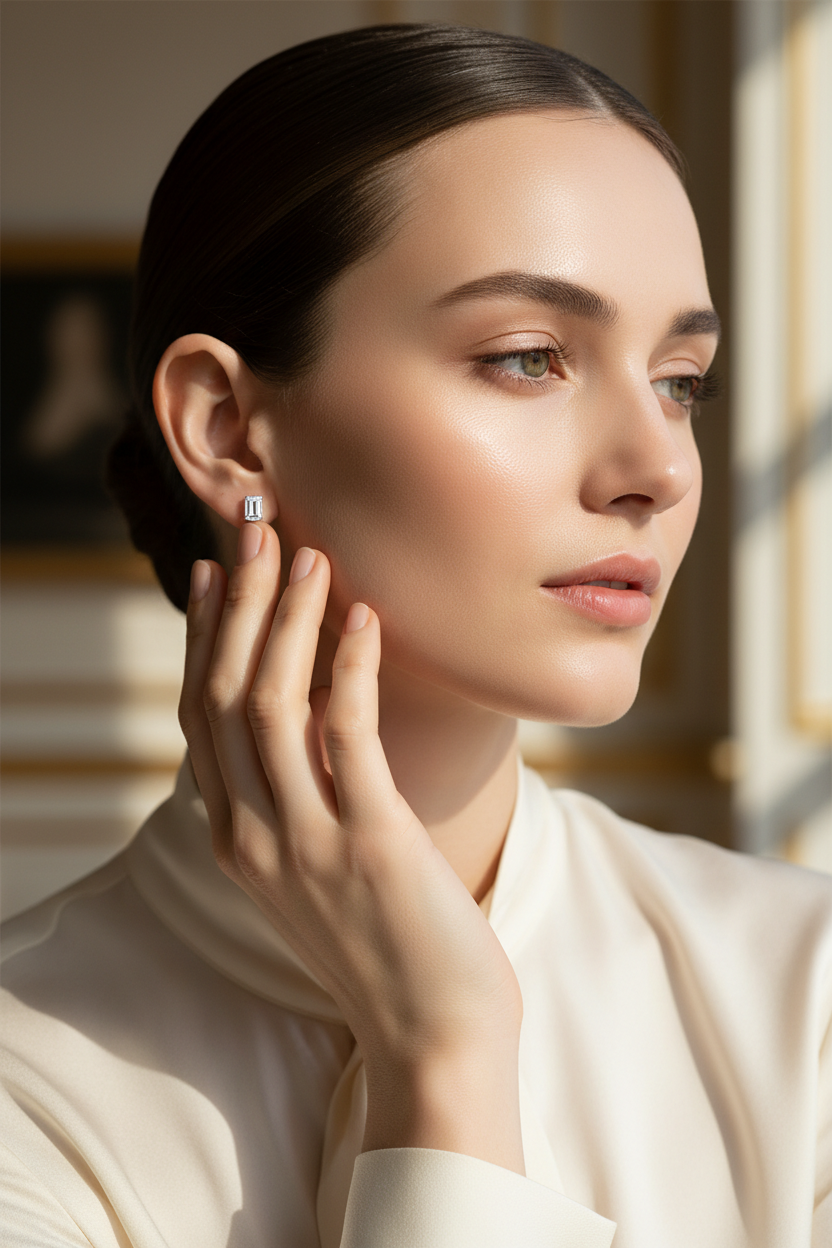 Small emerald-cut earring on model 4