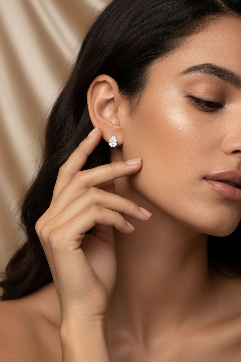 Small pear earring on model 2