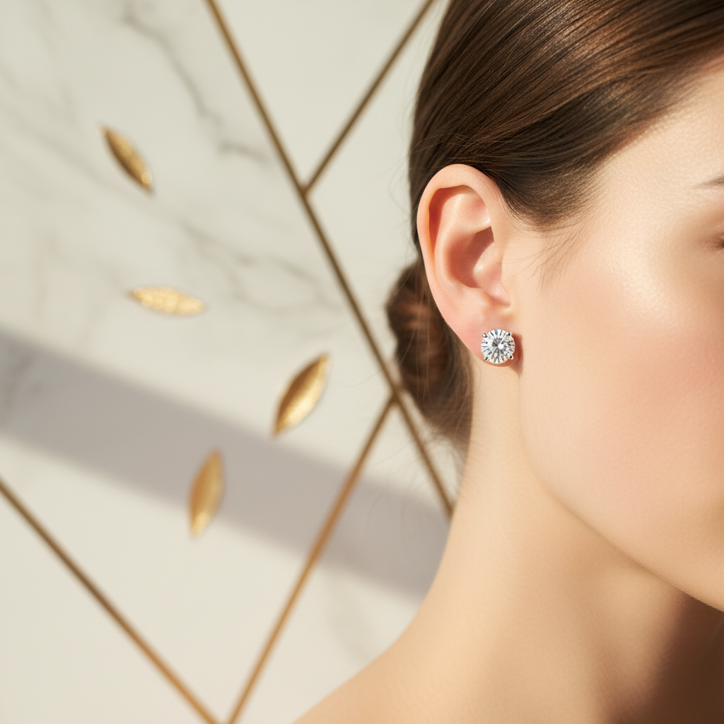 Small solitaire diamond studs on model's ear - close-up