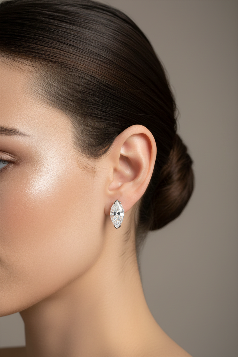 Solitaire marquise stud earrings on model