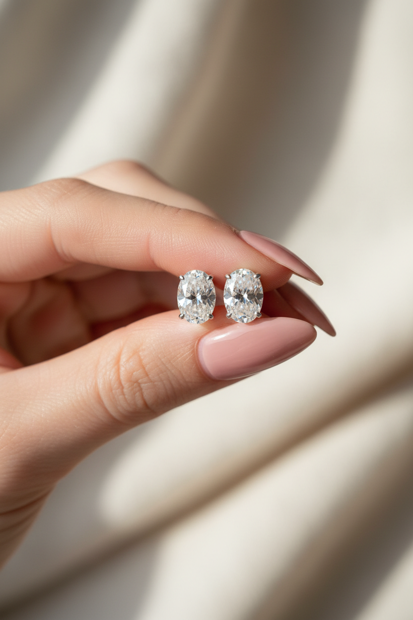 Solitaire oval earrings with pink nails