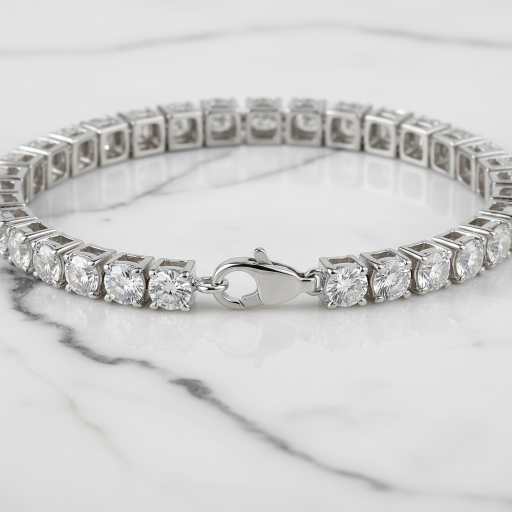 White gold tennis bracelet on marble