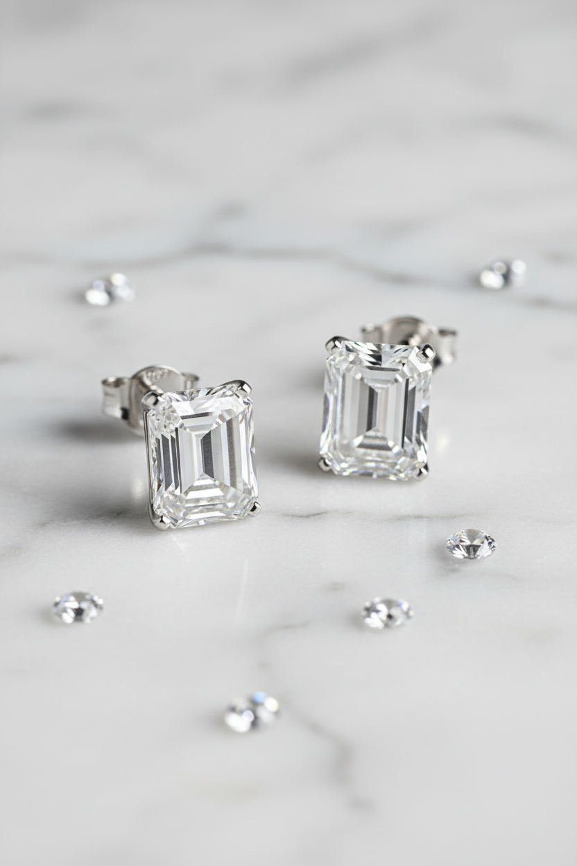 Wider emerald-cut earrings on marble